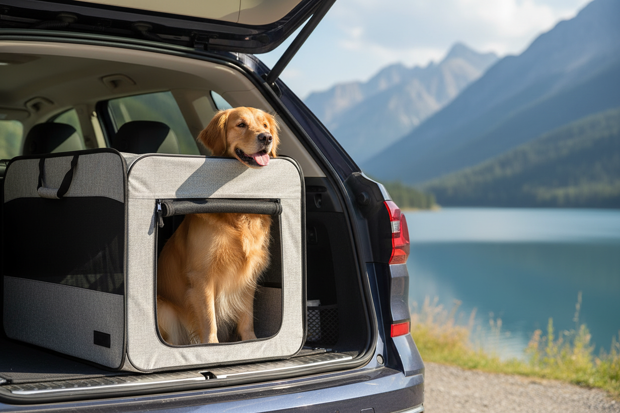 Gray Folding Pet Crate — SUV Cargo Bay Alpine Lifestyle