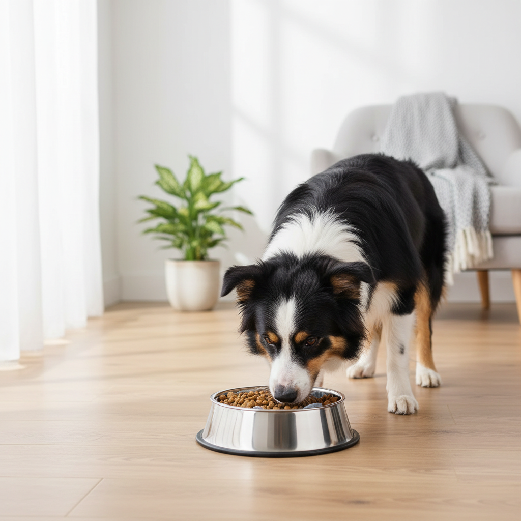 Border collie with slow feeder bowl Scandinavian home