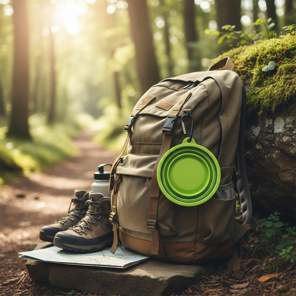 Collapsible Dog Bowl on Backpack