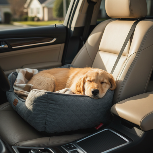 Golden retriever in waterproof dog car bed