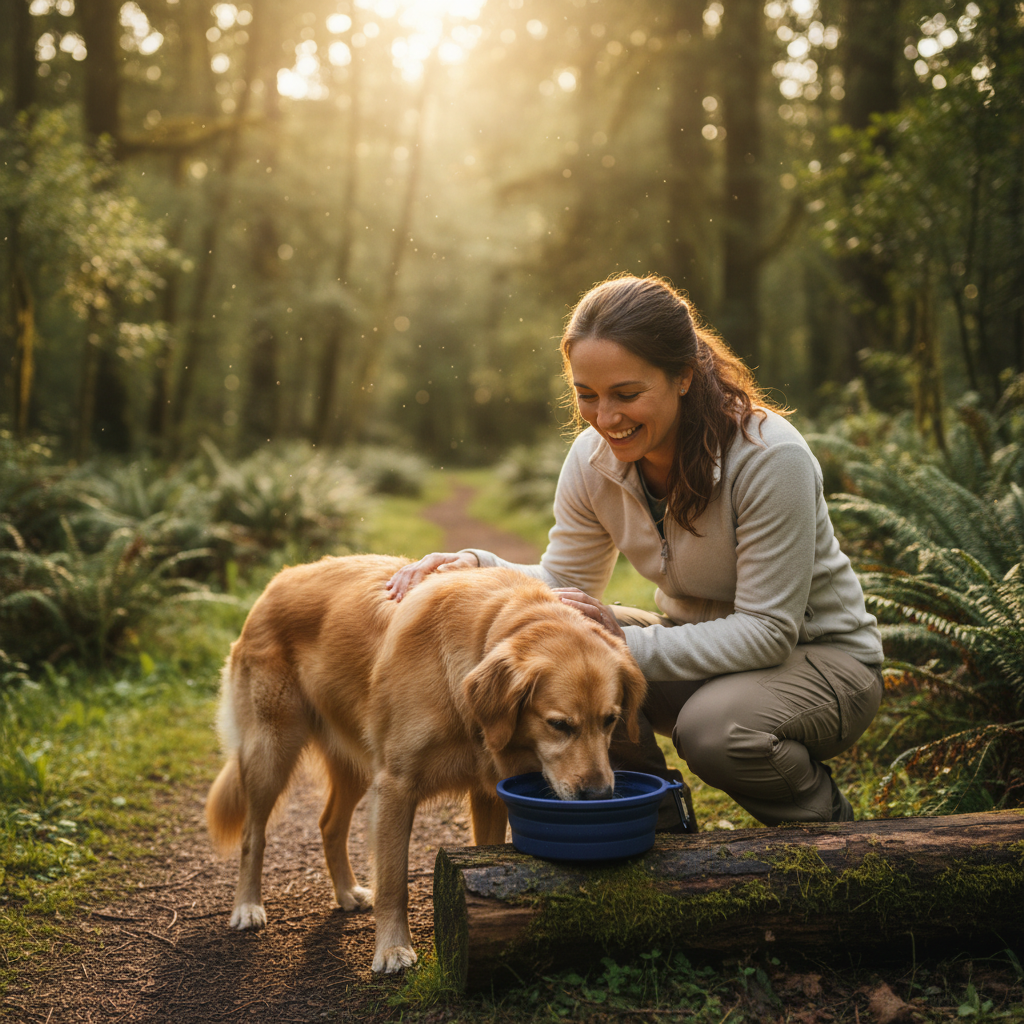 Woman and dog on trail with collapsible bowl